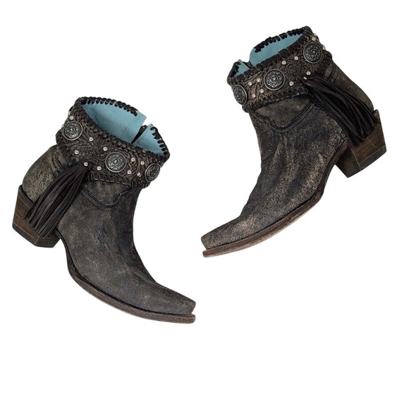 Corral Gray Suede Boho Indie Spirit Alamo Fringe Boots‎ 7.5M Snip Toe Western - Picture 2 of 10